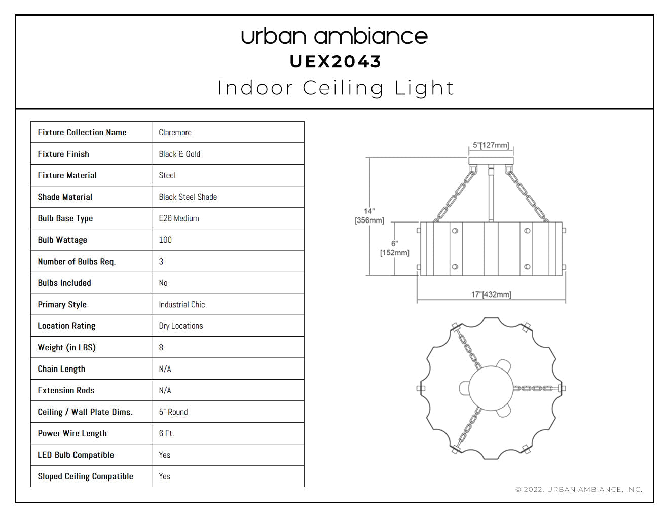 UEX2043 Luxe Industrial Ceiling Light 14''H x 17''W, Black & Gold Finish, Claremore Collection