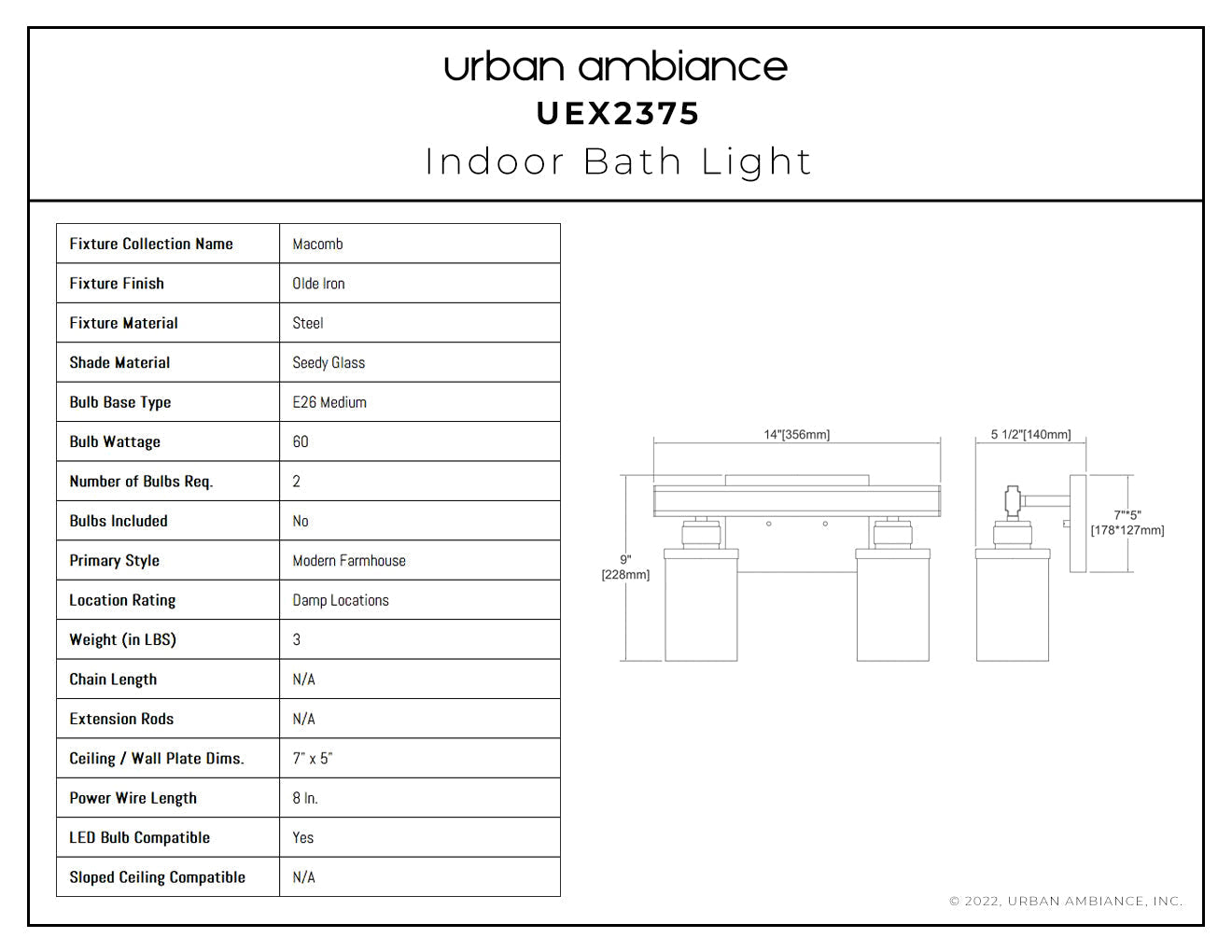 UEX2375 New Traditional Bath Light 9''H x 14''W, Olde Iron Finish, Macomb Collection