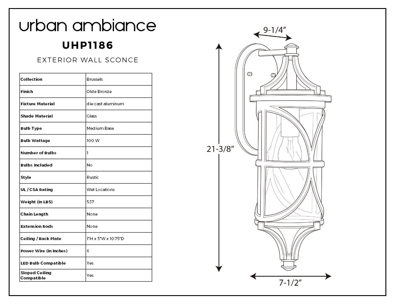 UHP1186 Rustic Outdoor Wall Light, 21-3/8" x 7-1/2", Olde Bronze Finish, Brussels Collection