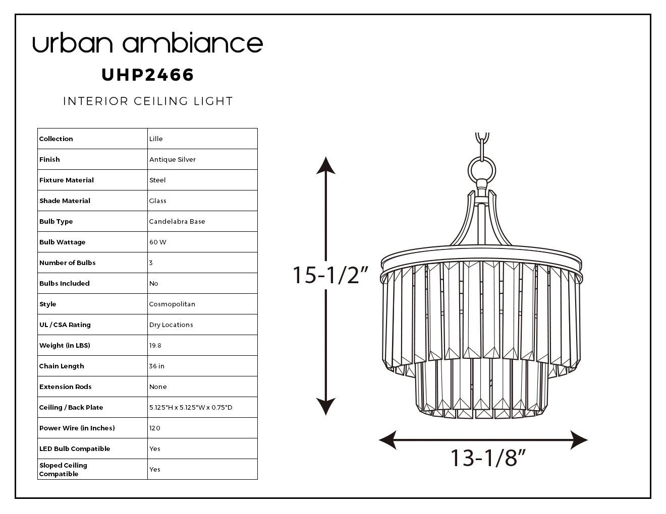 UHP2466 Cosmopolitan Ceiling Light, 15-1/2" x 13-1/8", Antique Silver Finish, Lille Collection