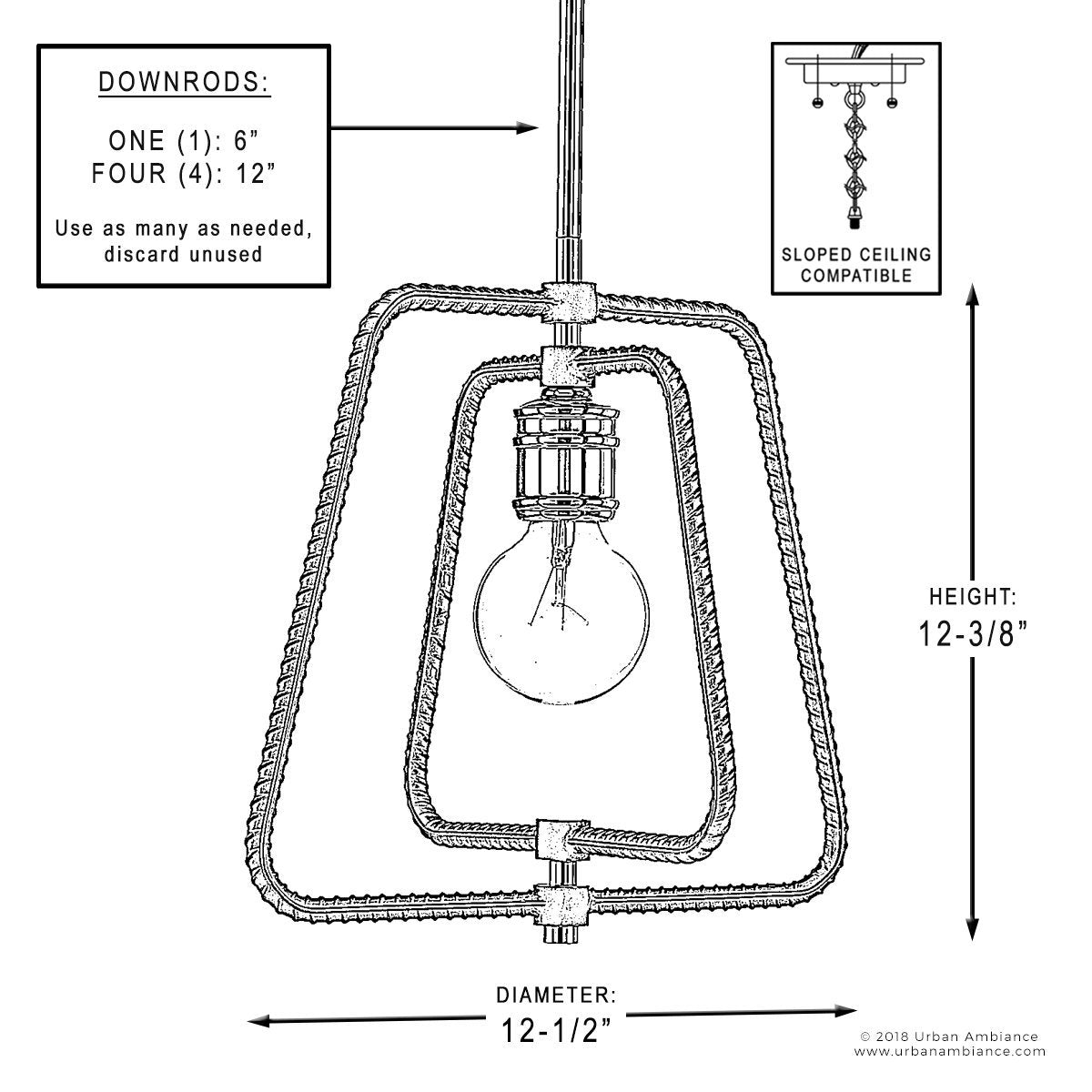 UHP2661 Luxe Industrial Chic Pendant Light, 12.375"H x 12.5"W, Polished Chrome Finish, Spokane Collection