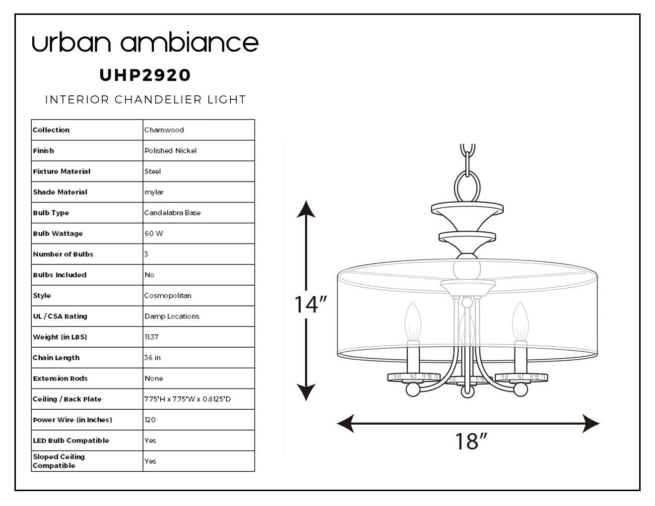 UHP2920 Cosmopolitan Ceiling Light, 14" x 18", Polished Nickel Finish, Charnwood Collection