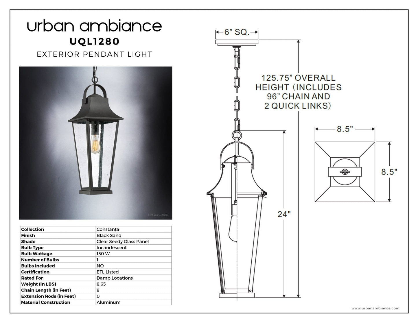 UQL1280 Tudor Outdoor Pendant Light, 24"H x 8.75"W, Black Sand Finish, Constanta Collection