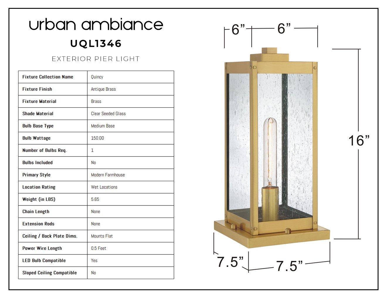 UQL1346 Modern Farmhouse Outdoor Pier Light, 16"H x 7.5"W, Antique Brass Finish, Quincy Collection