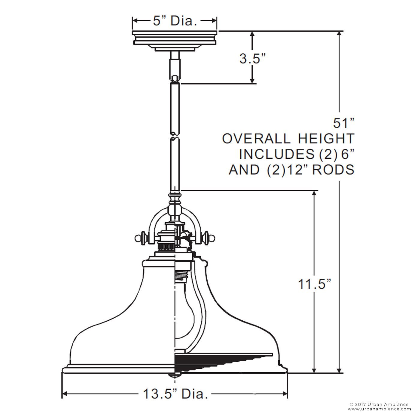 UQL2286 Industrial Hanging Pendant Light, 11.5"H x 13.5"W, Brushed Nickel Finish, Sonoma Collection