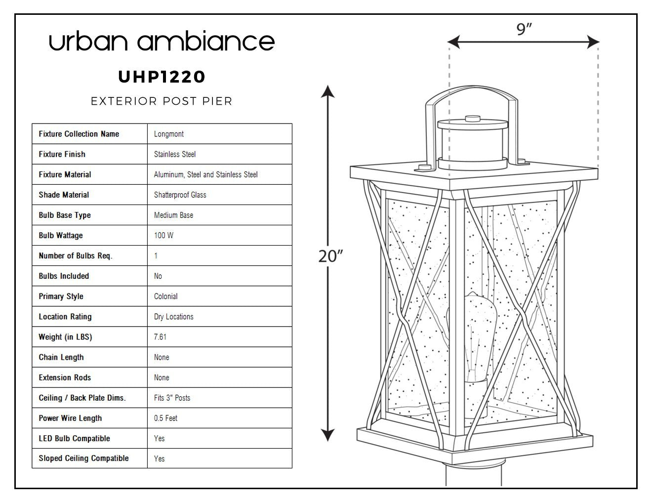 UHP1220 Colonial Outdoor Post/Pier Light, 20"H x 9"W, Stainless Steel Finish, Longmont Collection