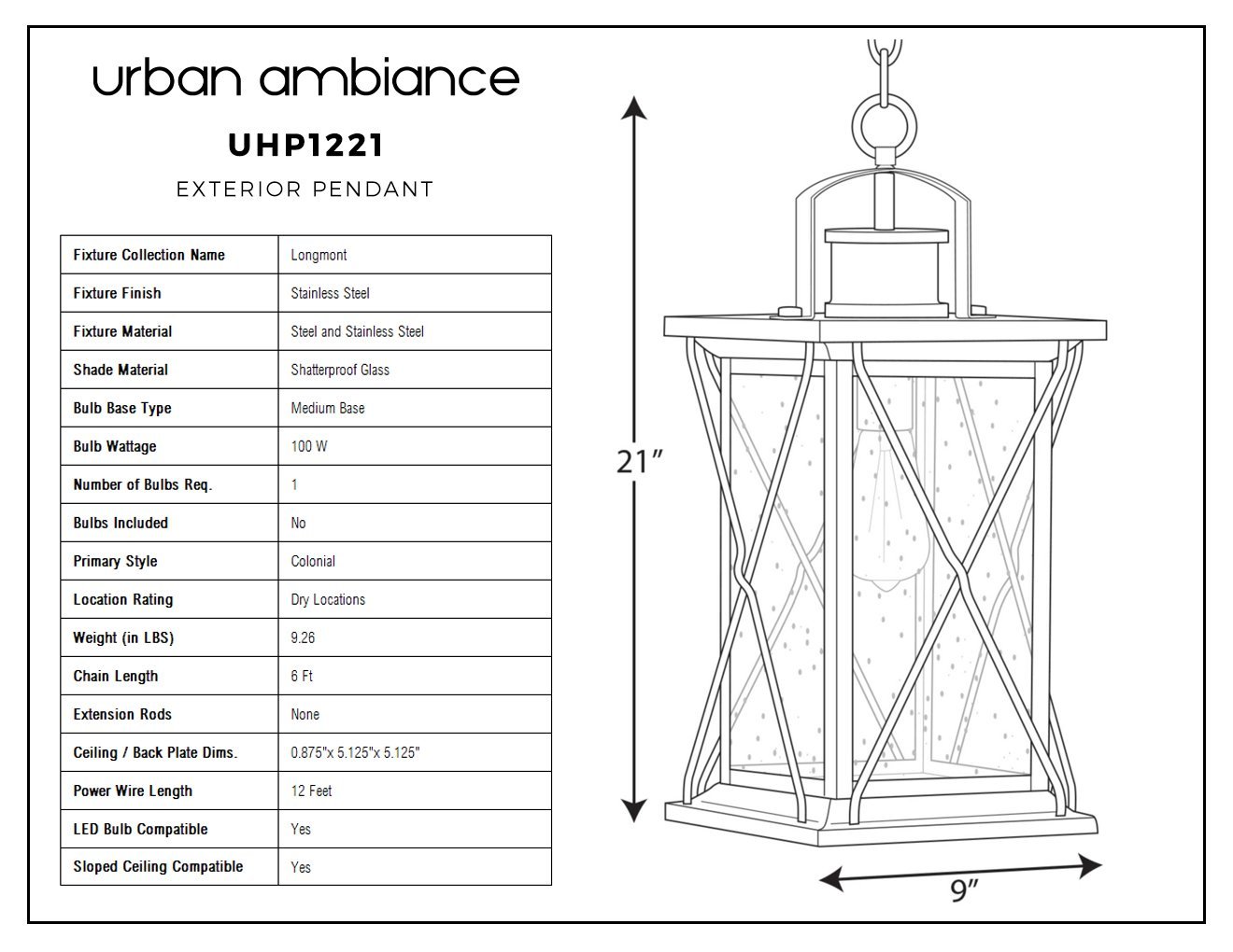 UHP1221 Colonial Outdoor Pendant Light, 21"H x 9"W, Stainless Steel Finish, Longmont Collection