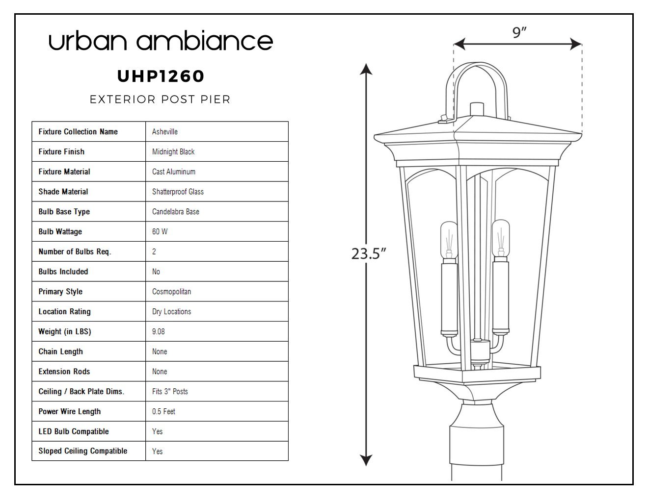 UHP1260 Cosmopolitan Outdoor Post/Pier Light, 23.5"H x 9"W, Midnight Black Finish, Asheville Collection