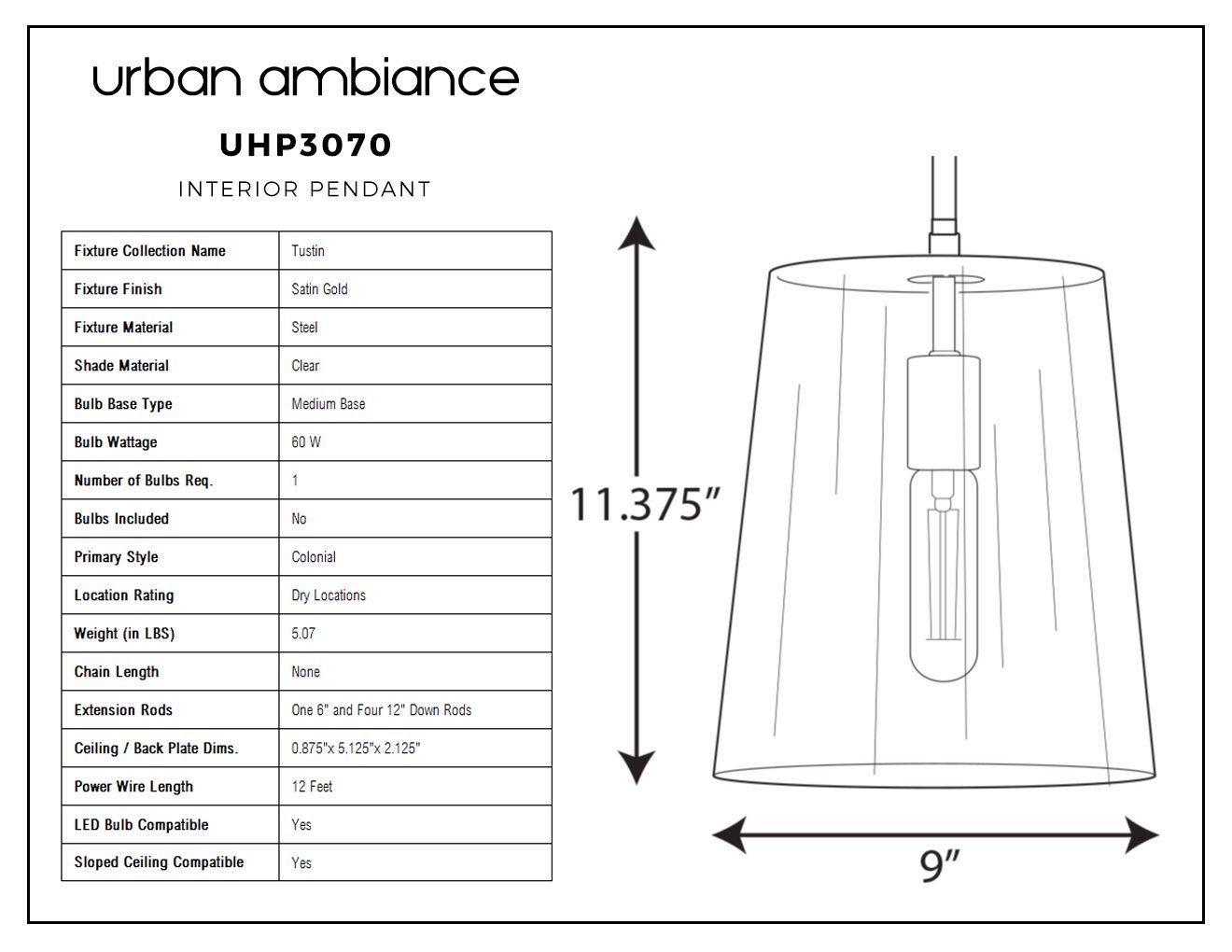 UHP3070 Colonial Pendant Light, 11.375"H x 9"W, Satin Gold Finish, Tustin Collection