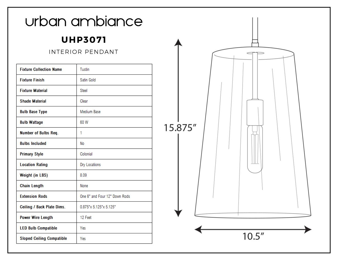 UHP3071 Colonial Pendant Light, 15.875"H x 10.5"W, Satin Gold Finish, Tustin Collection