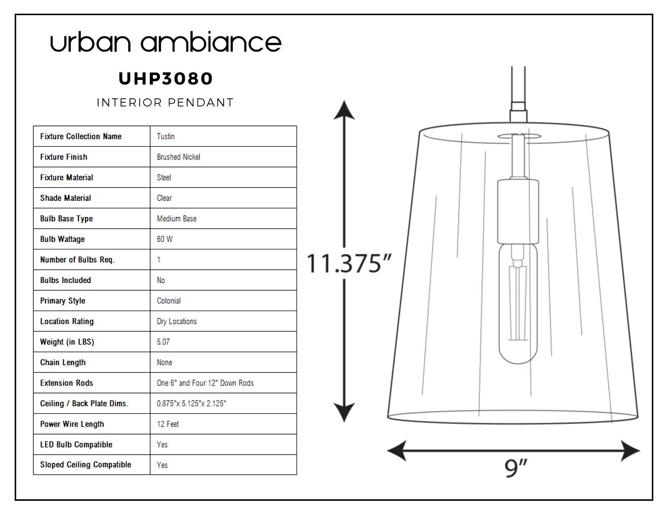 UHP3080 Colonial Pendant Light, 11.375"H x 9"W, Brushed Nickel Finish, Tustin Collection