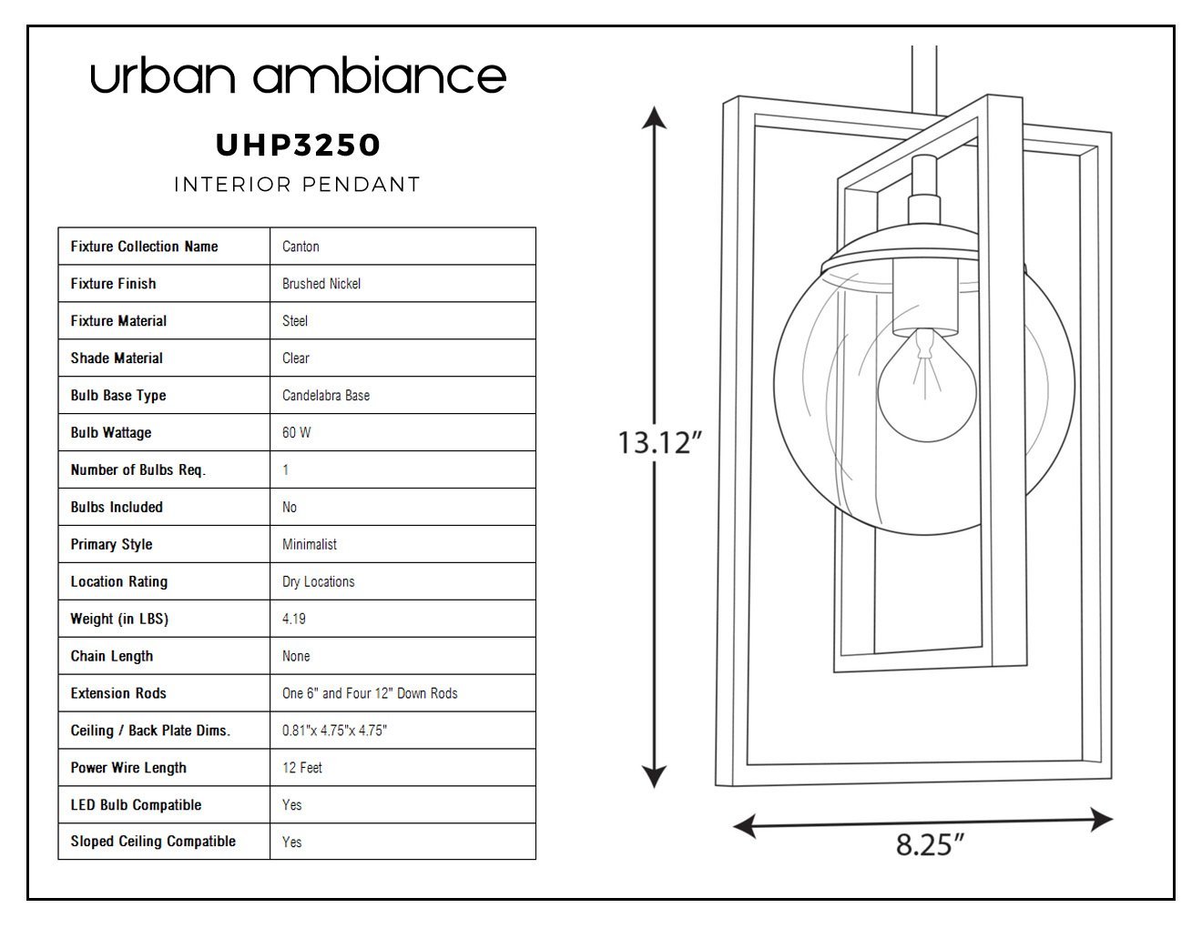 UHP3250 Minimalist Pendant Light, 13.125"H x 8.25"W, Brushed Nickel Finish, Canton Collection