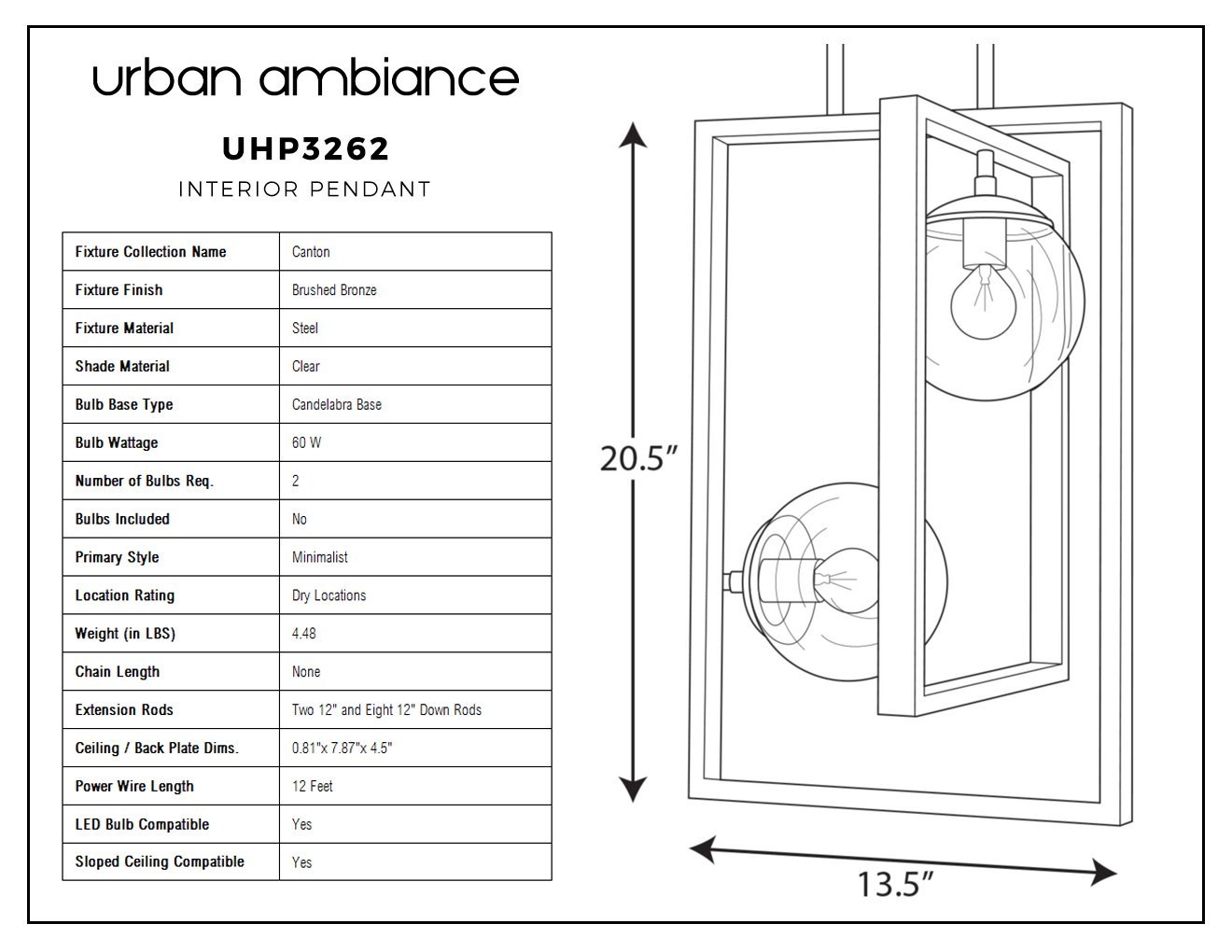 UHP3262 Minimalist Pendant Light, 20.5"H x 13.5"W, Brushed Bronze Finish, Canton Collection