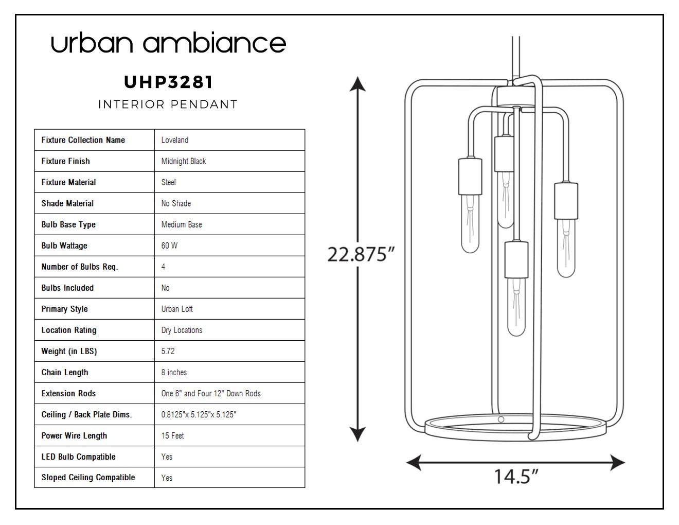 UHP3281 Urban Loft Pendant Light, 22.875"H x 14.5"W, Midnight Black Finish, Loveland Collection