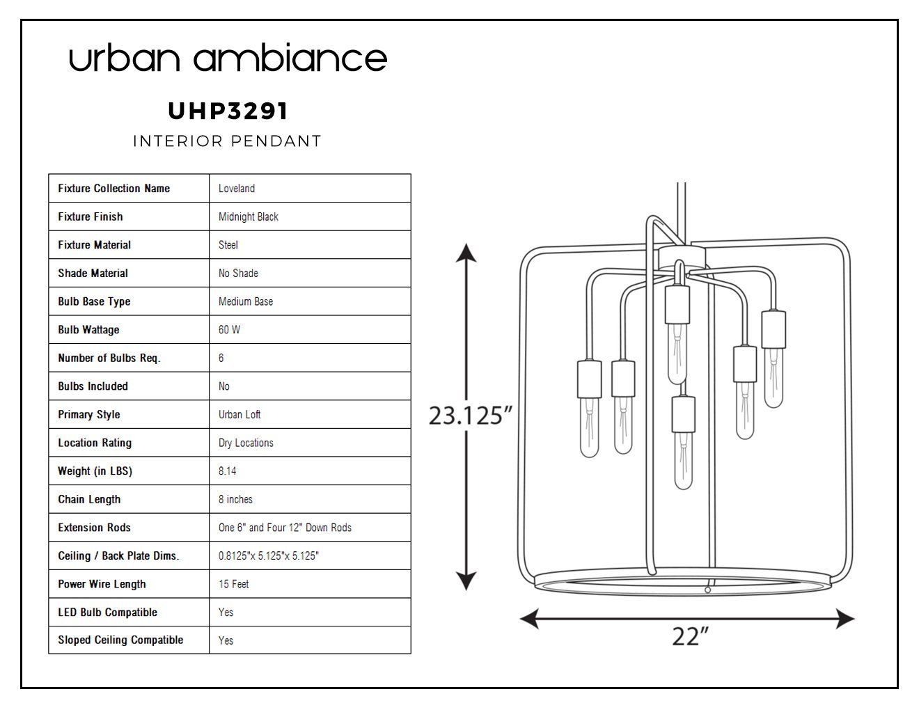 UHP3291 Urban Loft Pendant Light, 23.125"H x 22"W, Midnight Black Finish, Loveland Collection