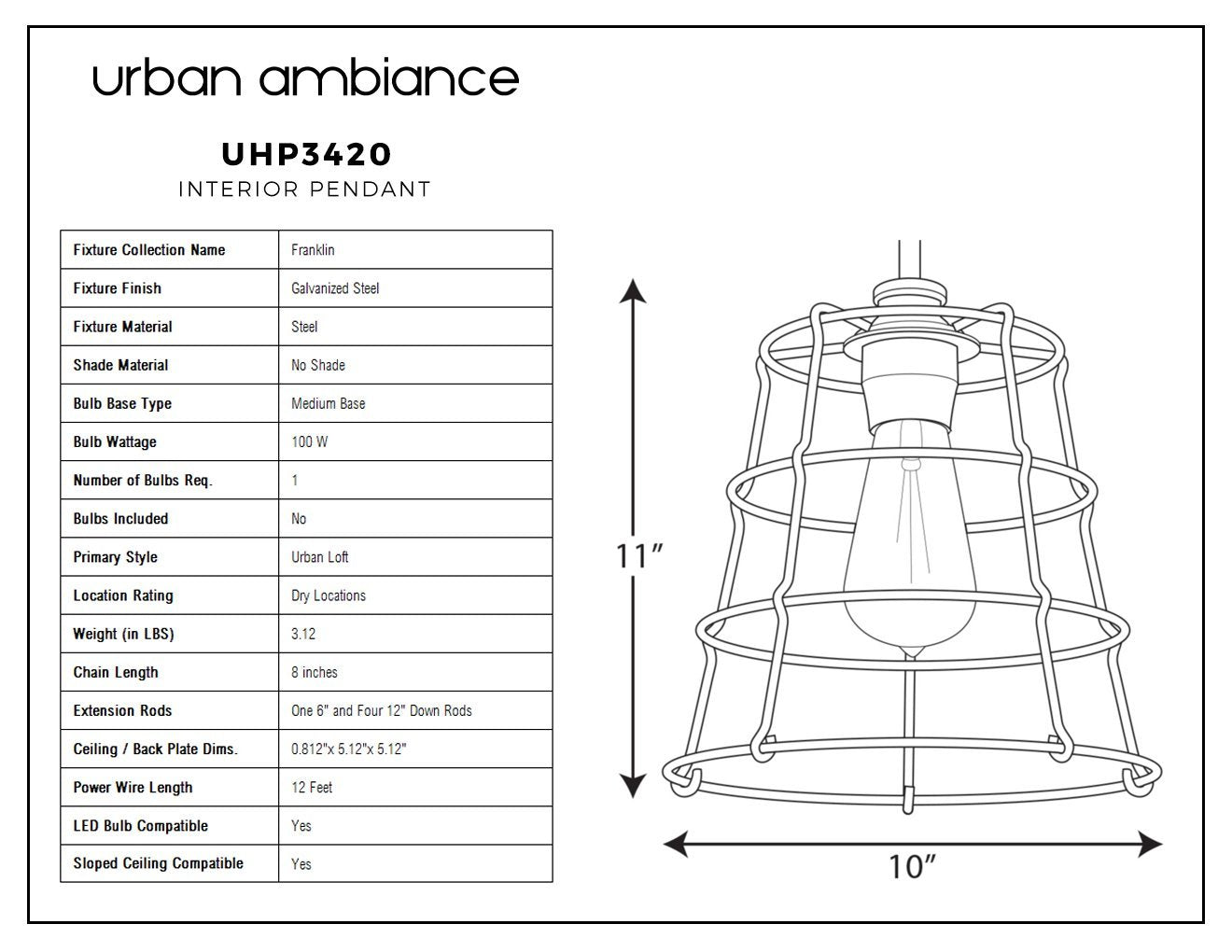 UHP3420 Urban Loft Pendant Light, 11"H x 10"W, Galvanized Steel Finish, Franklin Collection