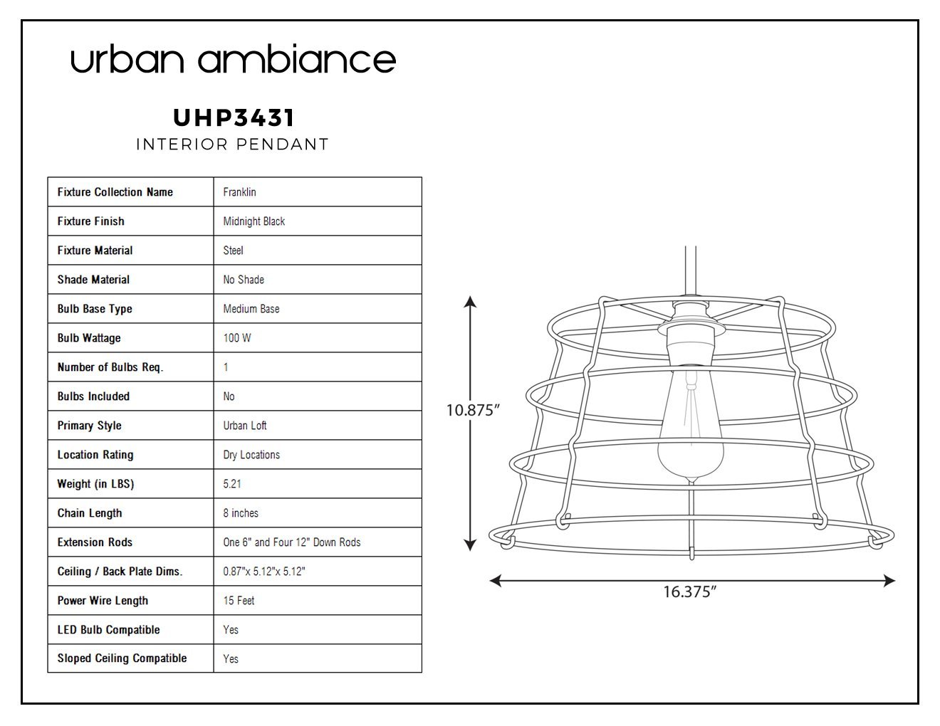 UHP3431 Urban Loft Pendant Light, 10.875"H x 16.375"W, Midnight Black Finish, Franklin Collection