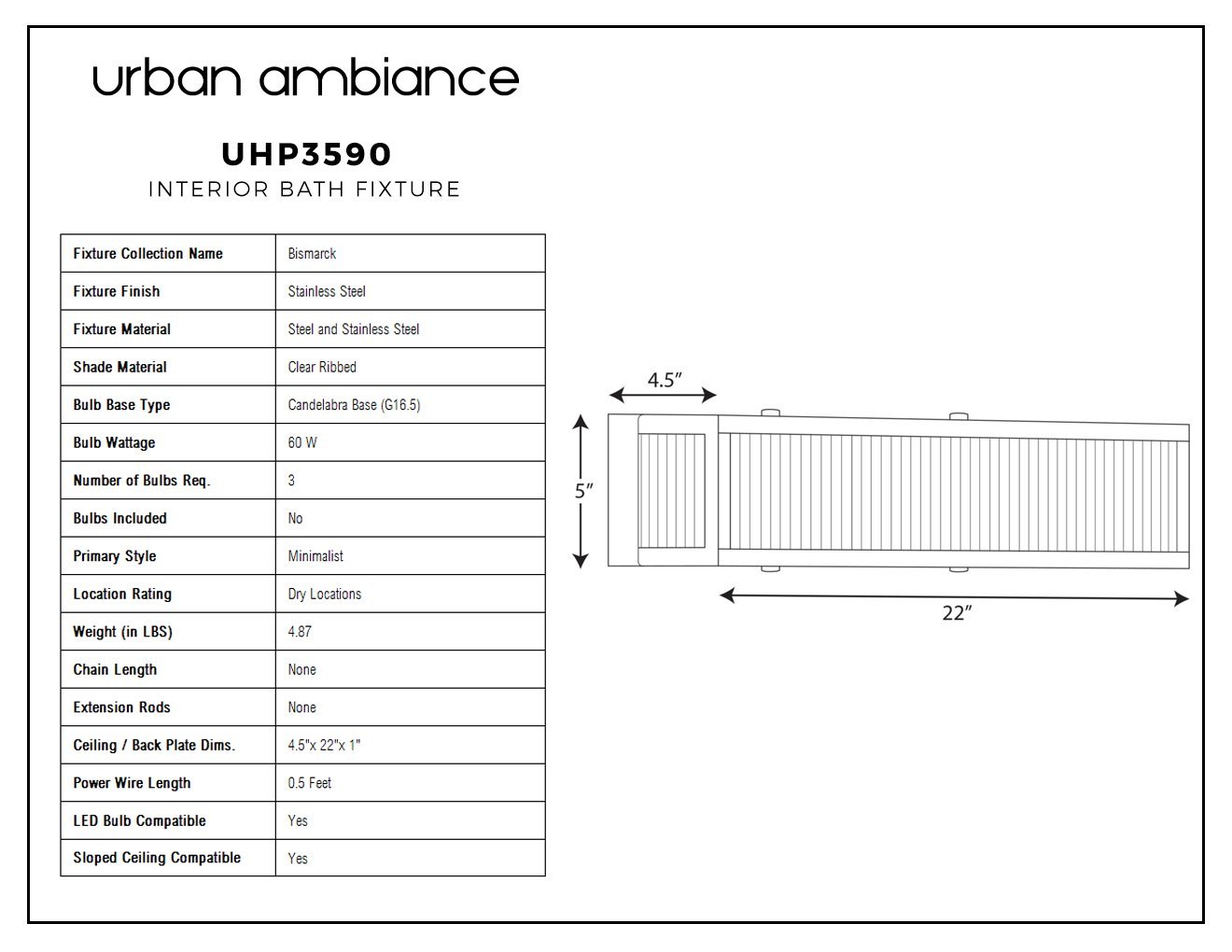 UHP3590 Minimalist Bath Vanity Light, 5"H x 22"W, Stainless Steel Finish, Bismarck Collection