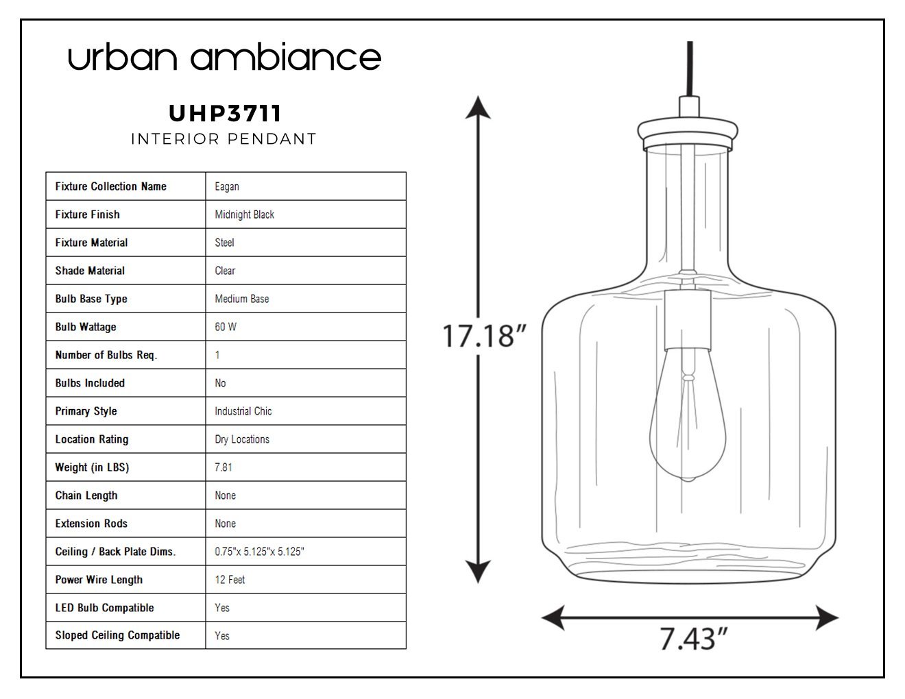 UHP3711 Luxe Industrial Pendant Light, 15.5"H x 9.45"W, Midnight Black Finish, Eagan Collection