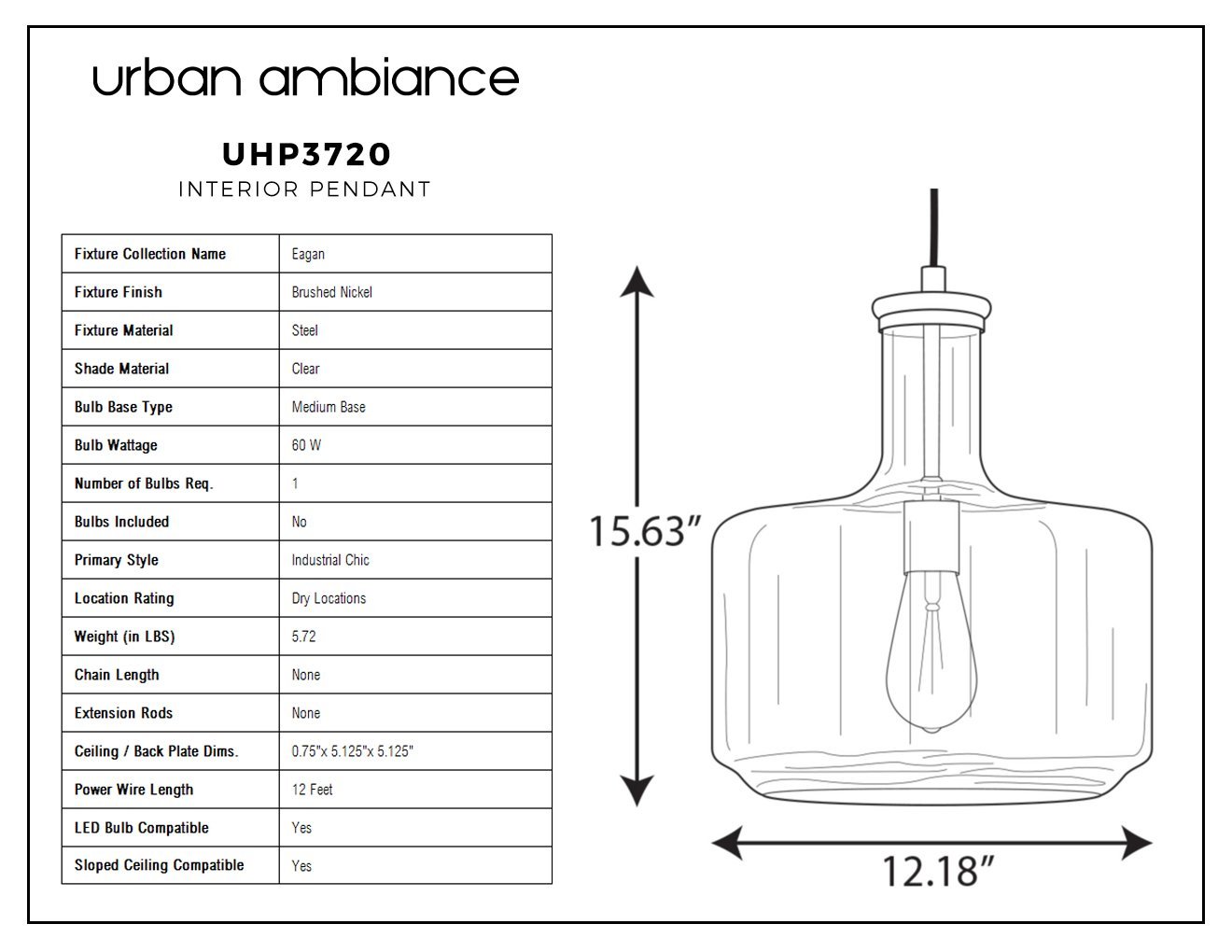 UHP3720 Luxe Industrial Pendant Light, 14"H x 12.25"W, Brushed Nickel Finish, Eagan Collection