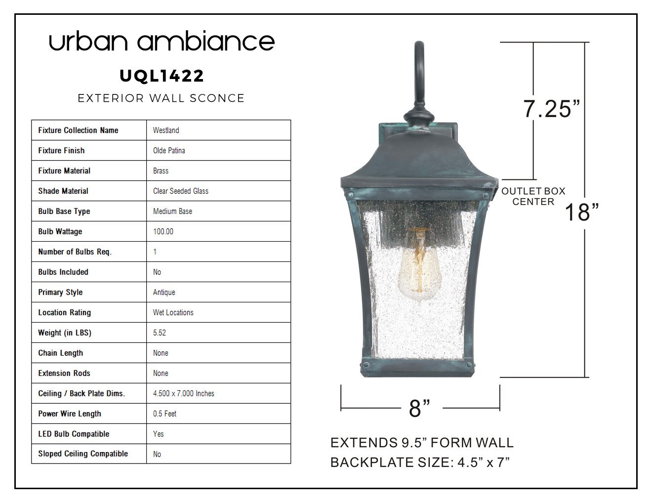 UQL1422 Vintage Outdoor Wall Light, 18"H x 8"W, Olde Patina Finish, Westland Collection