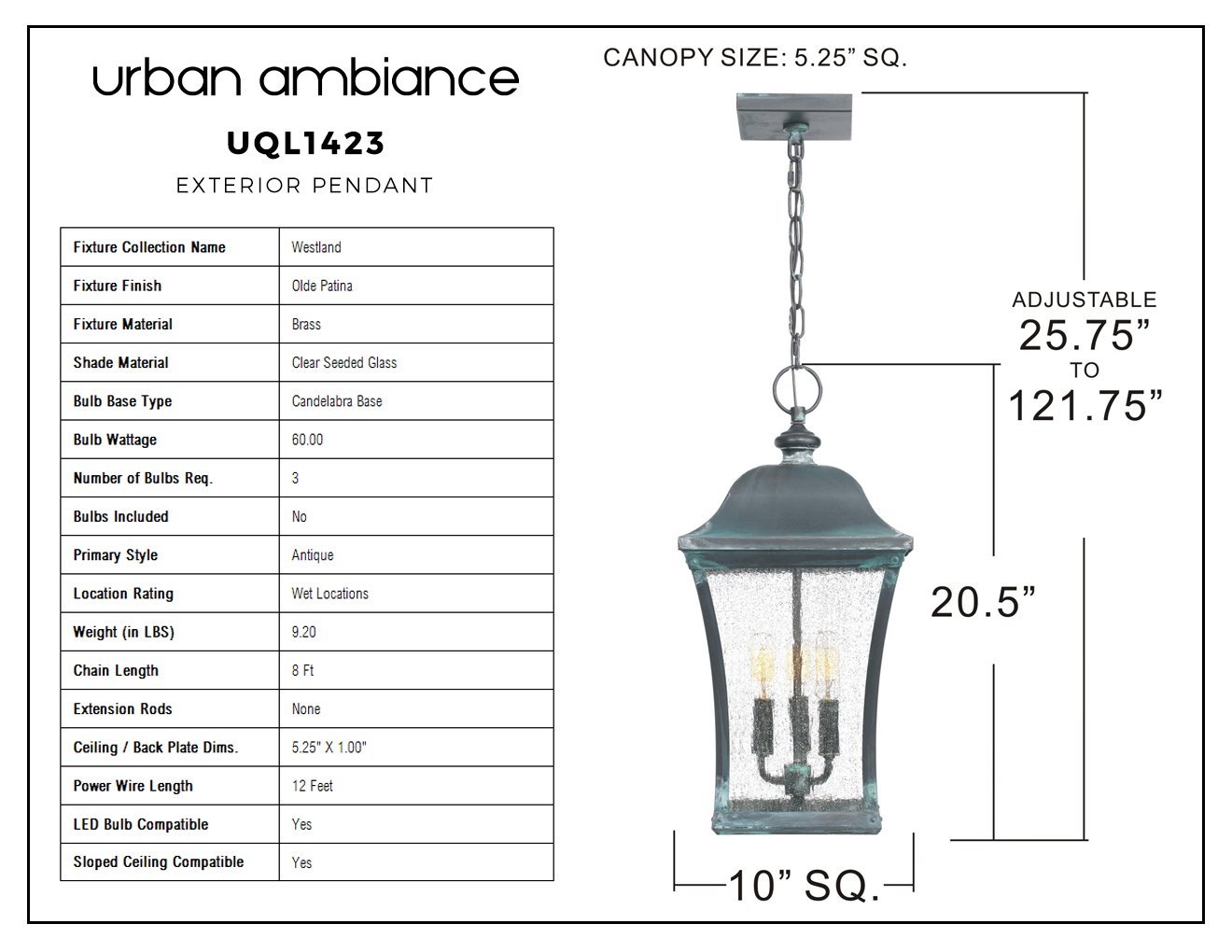 UQL1423 Vintage Outdoor Pendant Light, 20.5"H x 10"W, Olde Patina Finish, Westland Collection