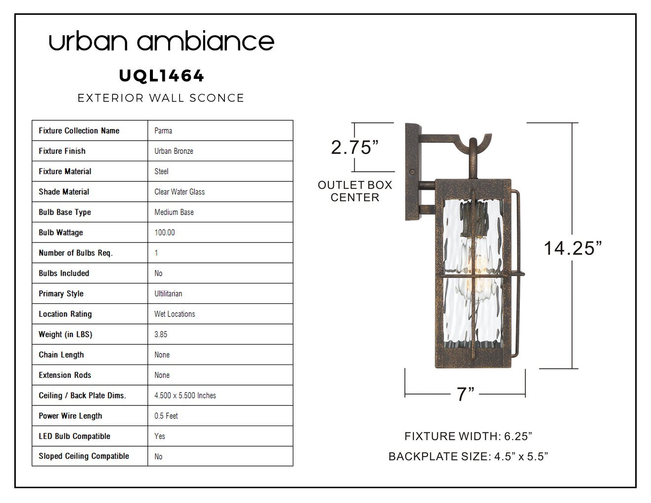 UQL1464 Utilitarian Outdoor Wall Light, 14.25"H x 6.25"W, Urban Bronze Finish, Parma Collection