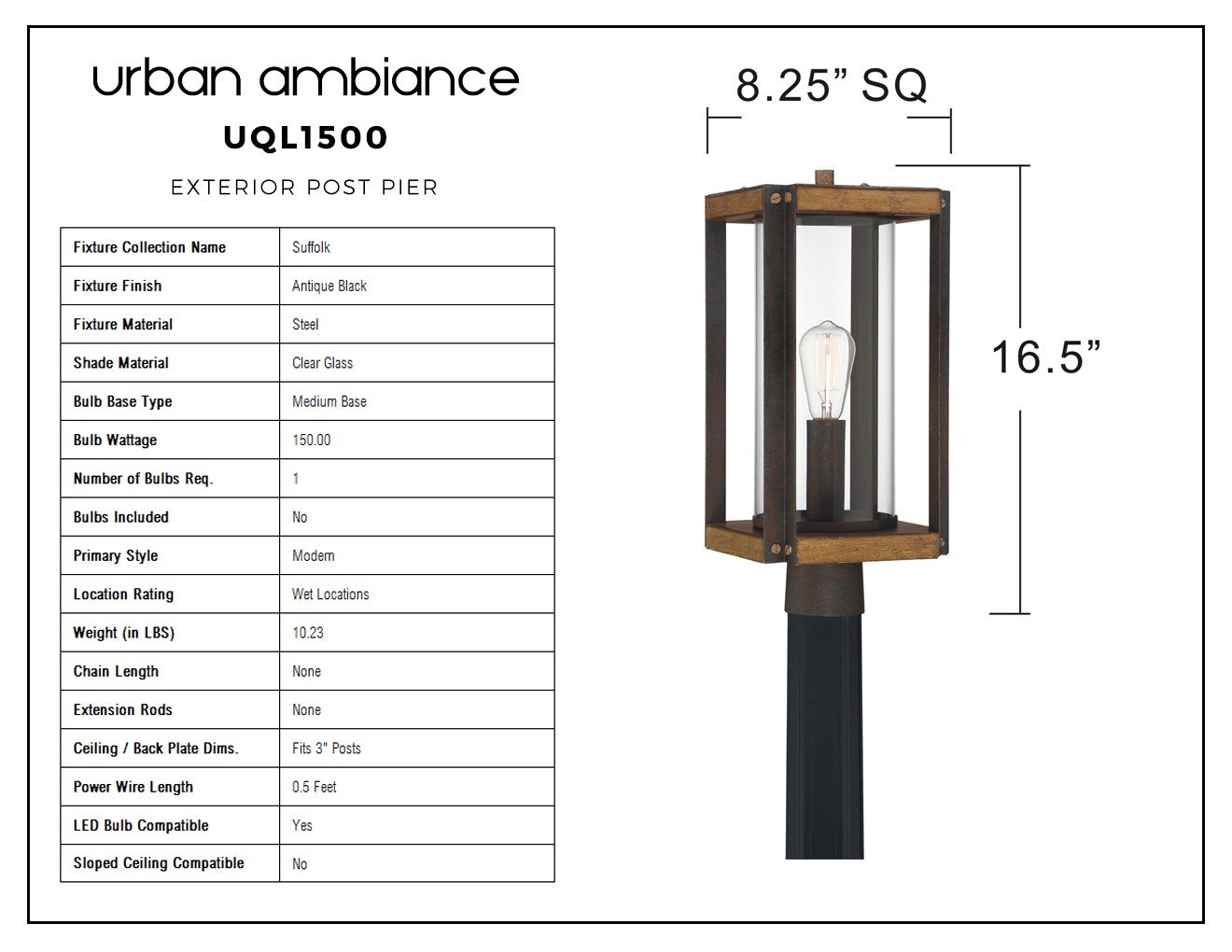 UQL1500 Modern Outdoor Post/Pier Light, 18.25"H x 8.25"W, Antique Black Finish, Suffolk Collection