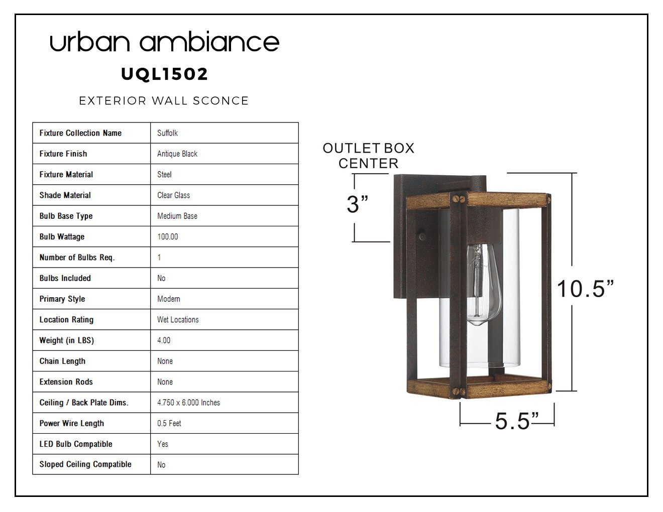 UQL1502 Modern Outdoor Wall Light, 10.5"H x 5.5"W, Antique Black Finish, Suffolk Collection