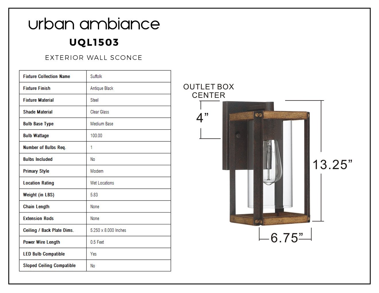 UQL1503 Modern Outdoor Wall Light, 13.25"H x 6.75"W, Antique Black Finish, Suffolk Collection