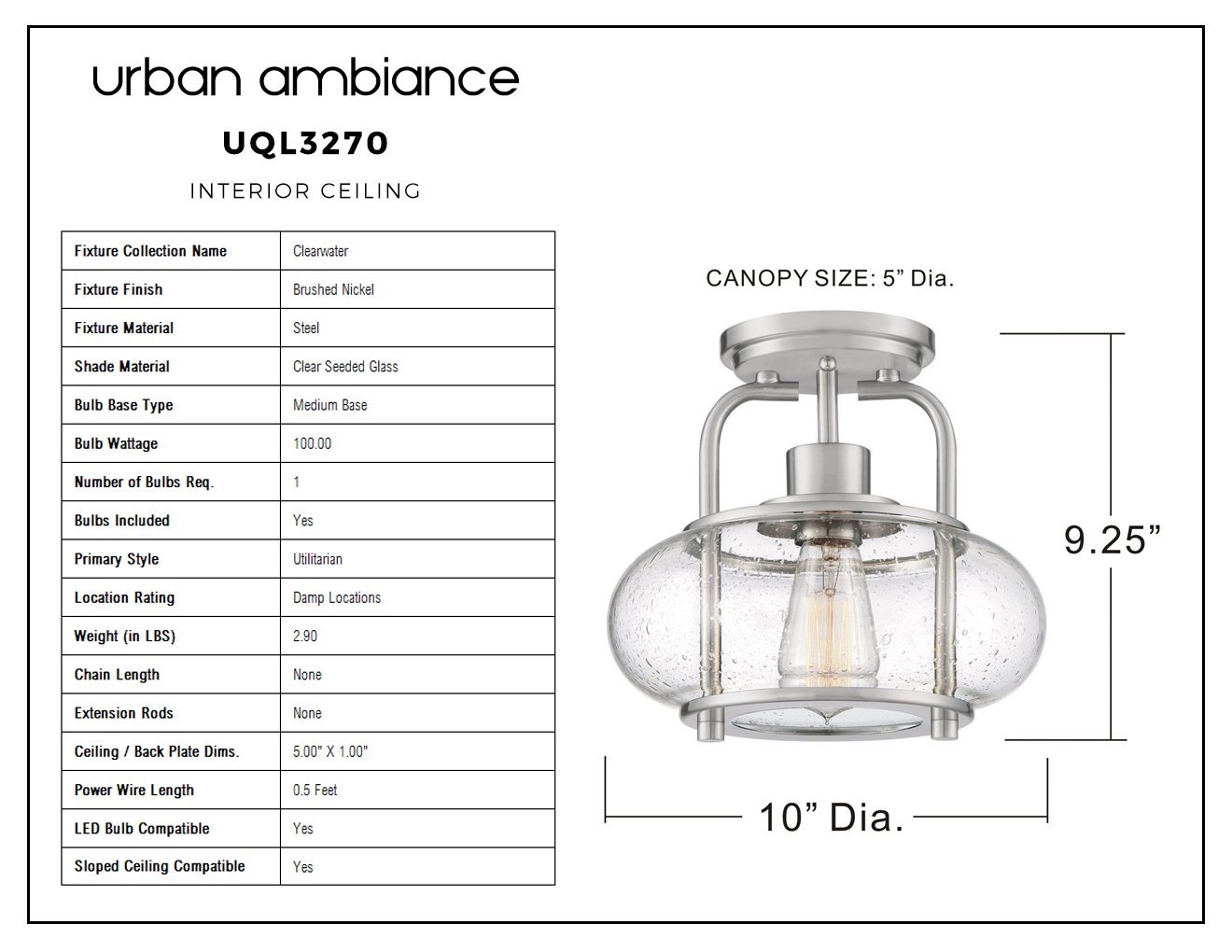 UQL3270 Utilitarian Ceiling Light, 9.28"H x 10"W, Brushed Nickel Finish, Clearwater Collection