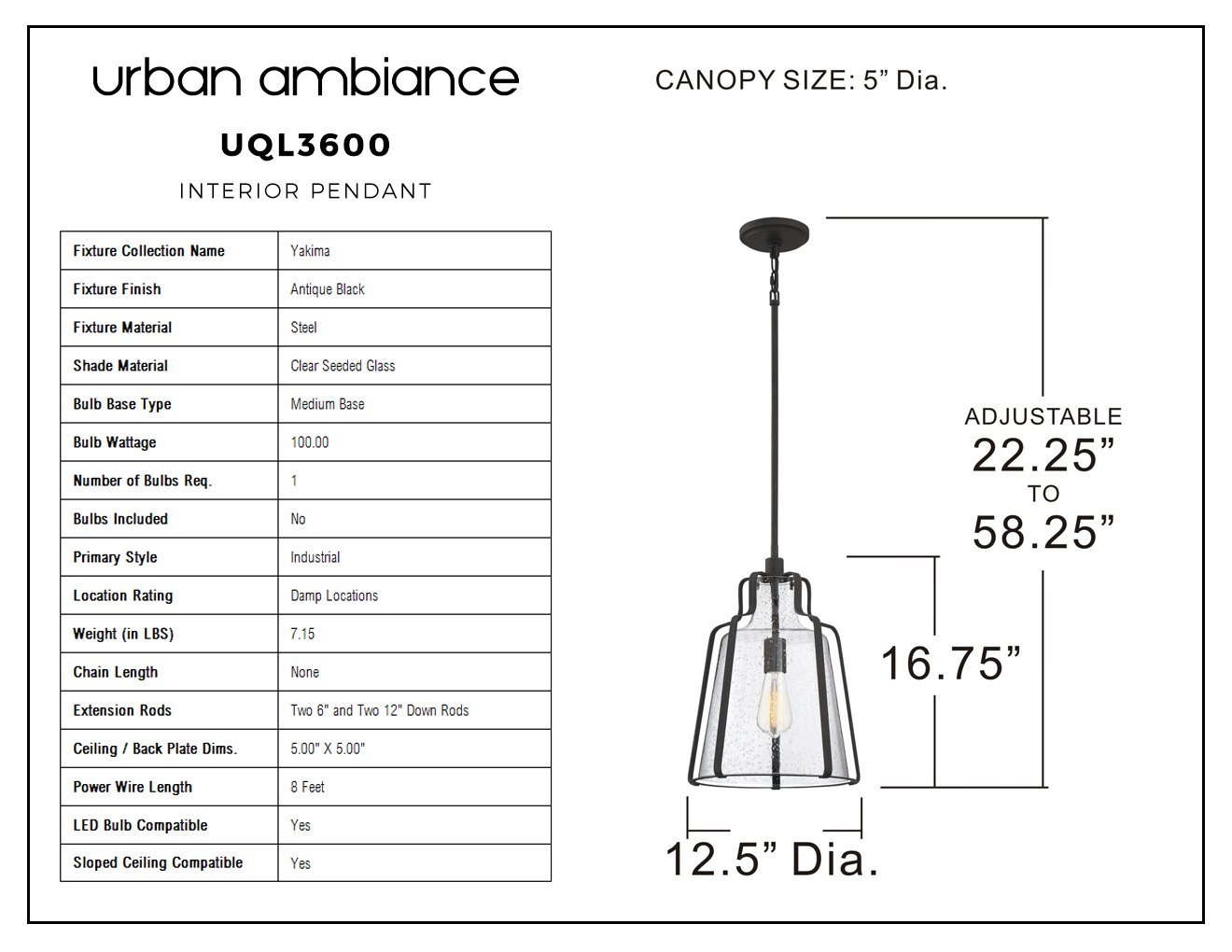 UQL3600 Luxe Industrial Pendant Light, 16.75"H x 12.5"W, Antique Black Finish, Yakima Collection