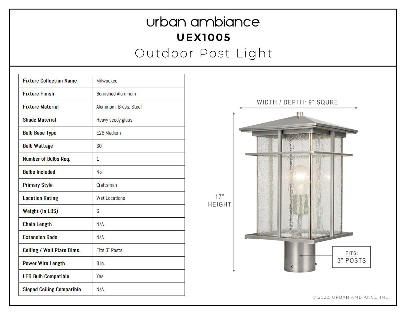 UEX1005 Craftsman Outdoor Post Light 17''H x 9''W, Burnished Aluminum Finish, Milwaukee Collection