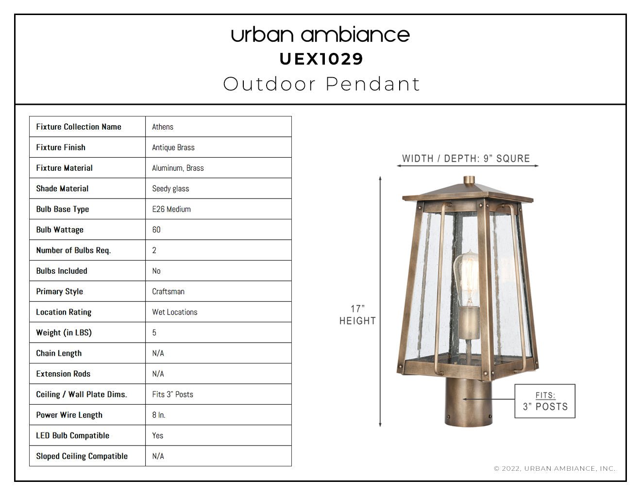 UEX1029 Craftsman Outdoor Post Light 17''H x 9''W, Antique Brass Finish, Athens Collection