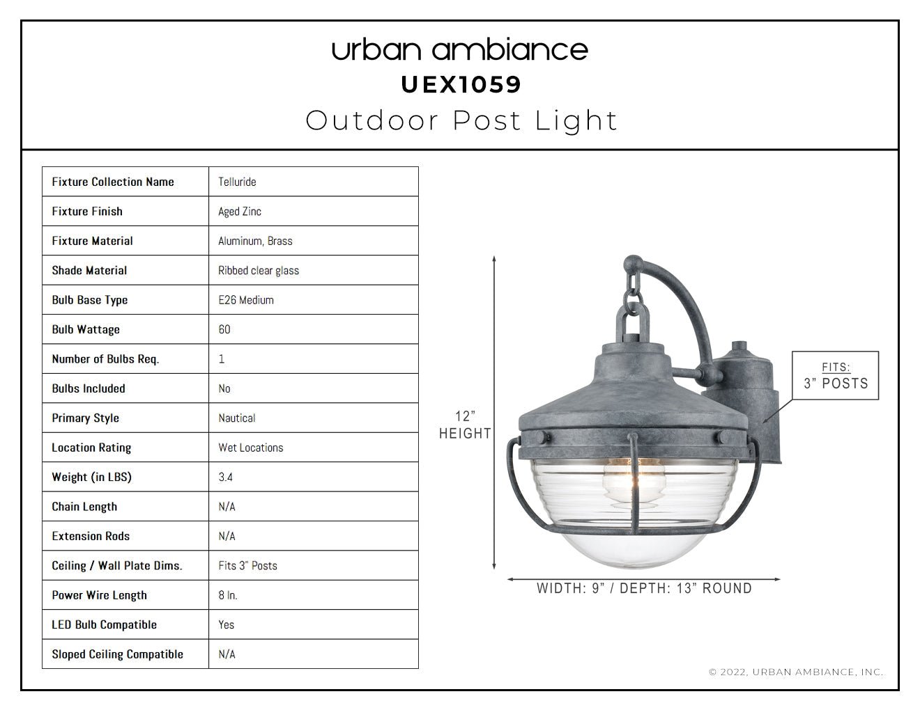 UEX1059 Nautical Outdoor Post Light 12''H x 9''W, Aged Zinc Finish, Telluride Collection