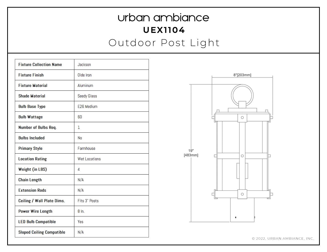 UEX1104 Farmhouse Outdoor Post Light 19''H x 8''W, Olde Iron Finish, Jackson Collection