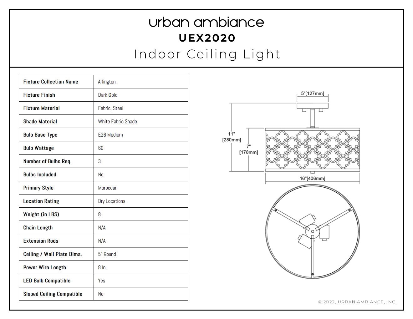 UEX2020 Mediterranean Ceiling Light 11''H x 16''W, Dark Gold Finish, Arlington Collection