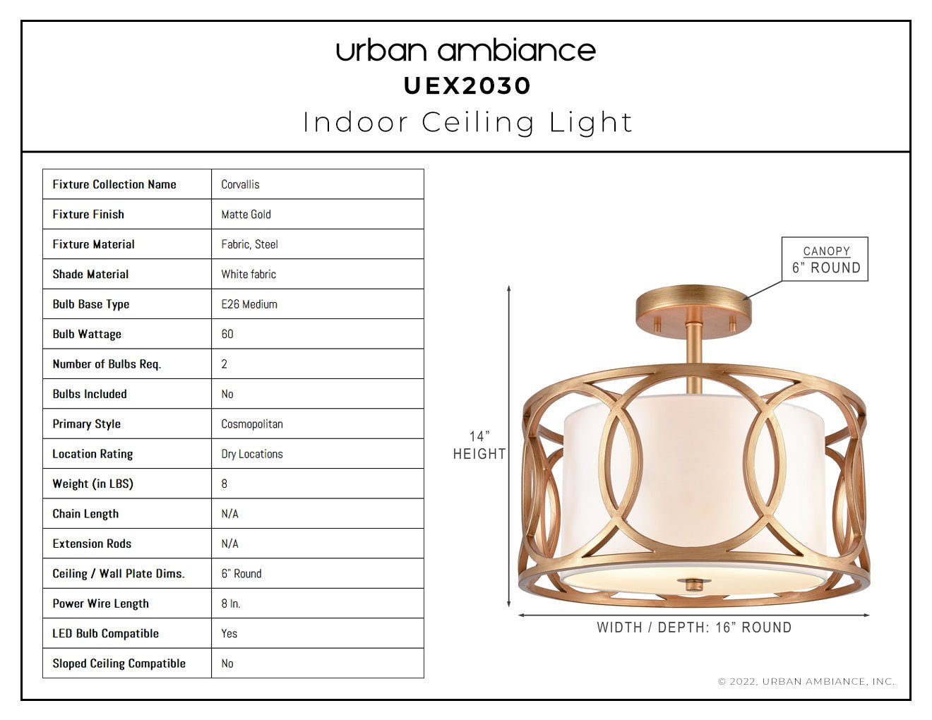 UEX2030 Cosmopolitan Ceiling Light 14''H x 16''W, Matte Gold Finish, Corvallis Collection