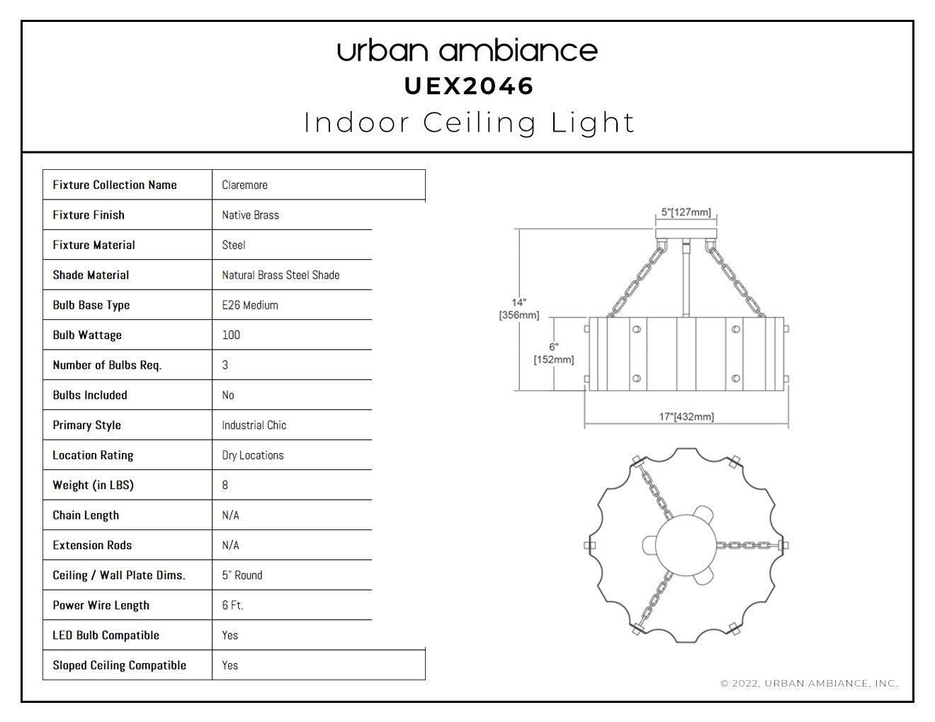 UEX2046 Luxe Industrial Ceiling Light 14''H x 17''W, Native Brass Finish, Claremore Collection