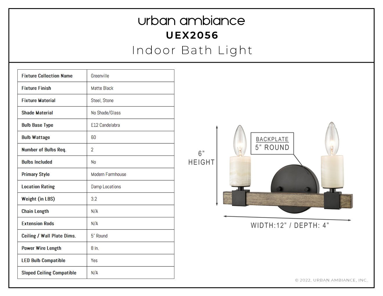 UEX2056 Modern Farmhouse Bath Light 6''H x 12''W, Matte Black Finish, Greenville Collection