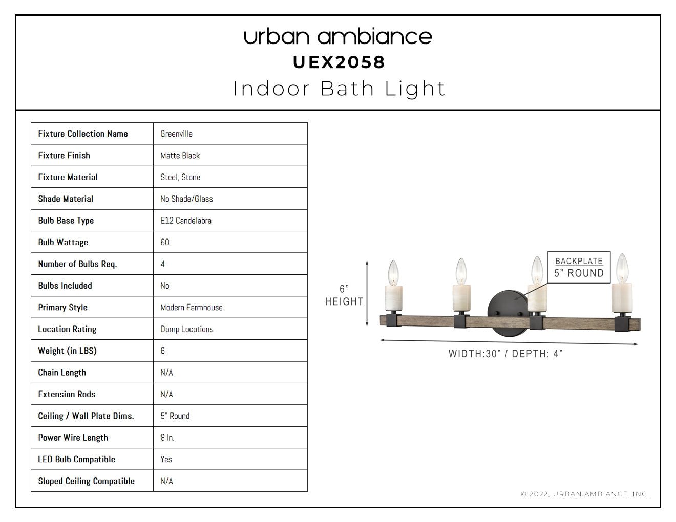 UEX2058 Modern Farmhouse Bath Light 6''H x 30''W, Matte Black Finish, Greenville Collection