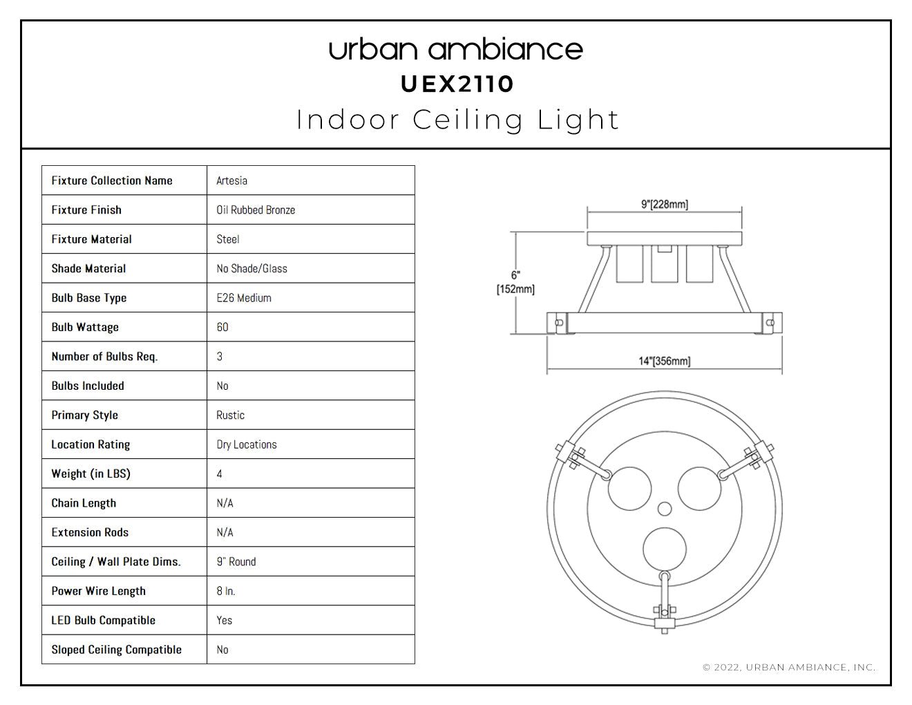 UEX2110 New Traditional Ceiling Light 6''H x 14''W, Oil Rubbed Bronze Finish, Artesia Collection