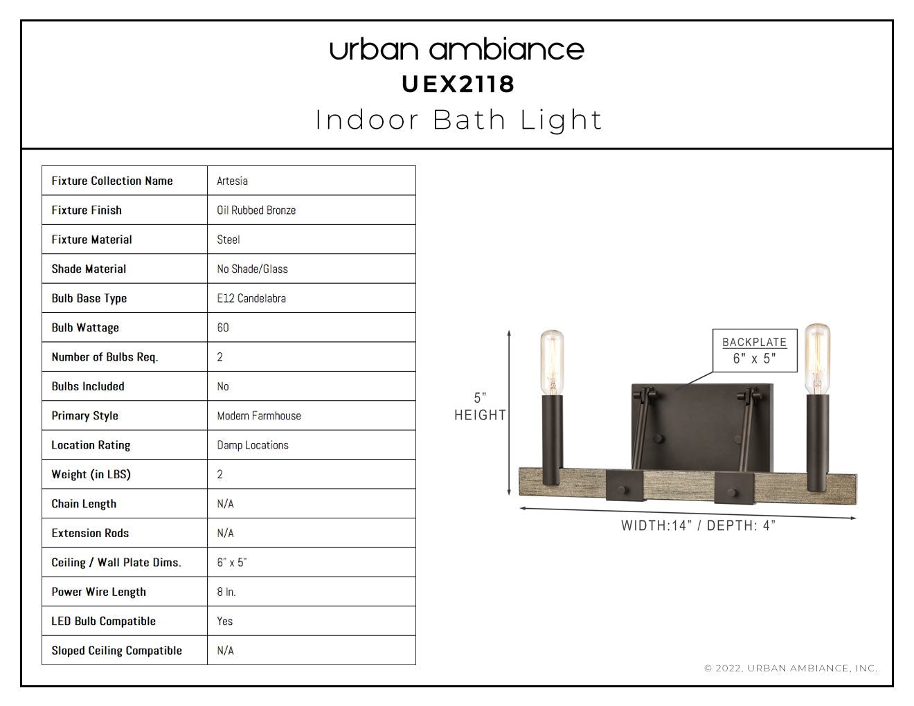 UEX2118 New Traditional Bath Light 5''H x 14''W, Oil Rubbed Bronze Finish, Artesia Collection