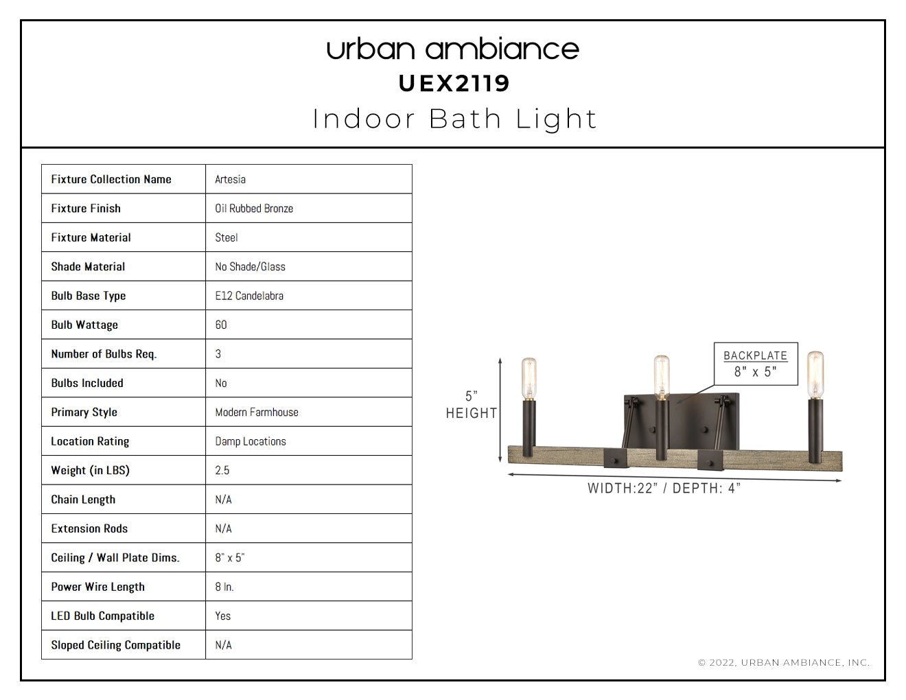 UEX2119 New Traditional Bath Light 5''H x 22''W, Oil Rubbed Bronze Finish, Artesia Collection