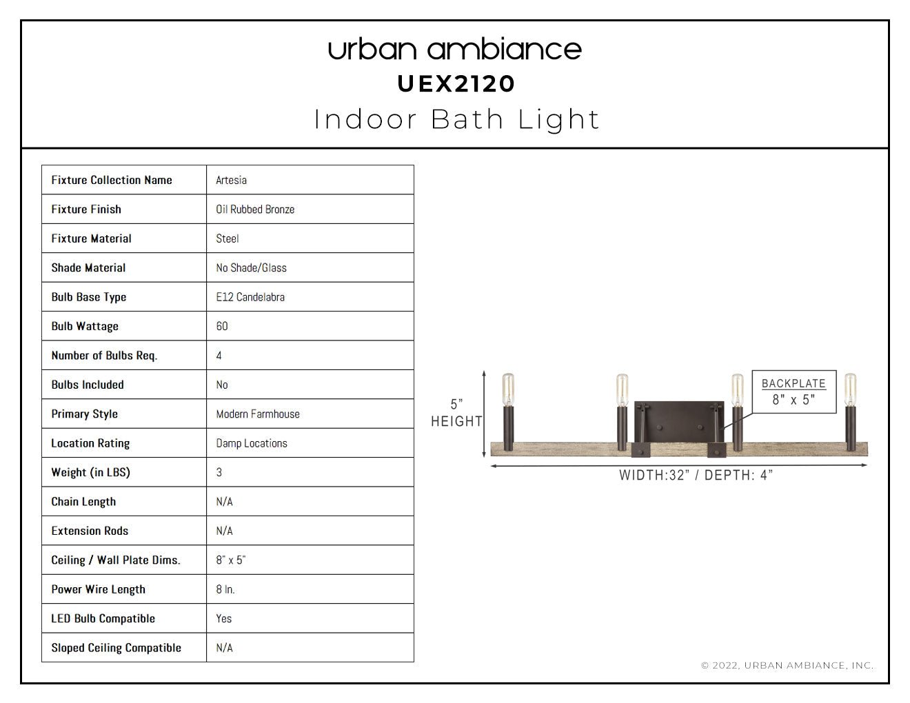 UEX2120 New Traditional Bath Light 5''H x 32''W, Oil Rubbed Bronze Finish, Artesia Collection