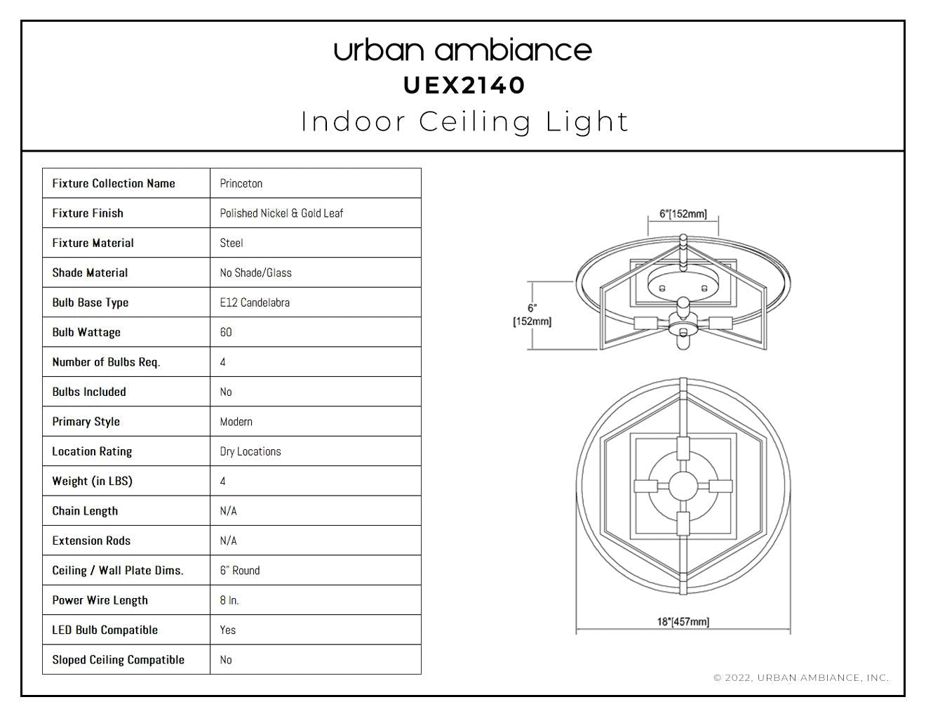 UEX2140 Luxe Industrial Ceiling Light 6''H x 18''W, Polished Nickel & Gold Leaf Finish, Princeton Collection