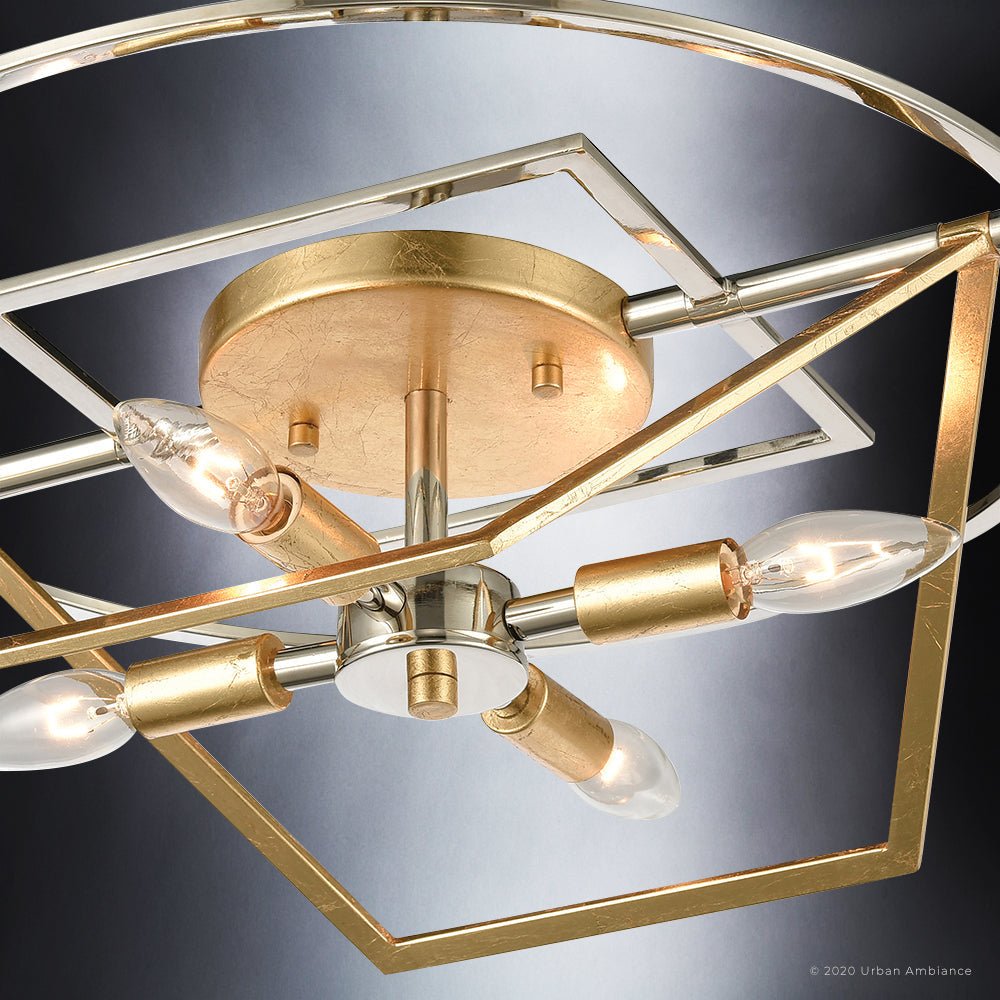 UEX2140 Luxe Industrial Ceiling Light 6''H x 18''W, Polished Nickel & Gold Leaf Finish, Princeton Collection