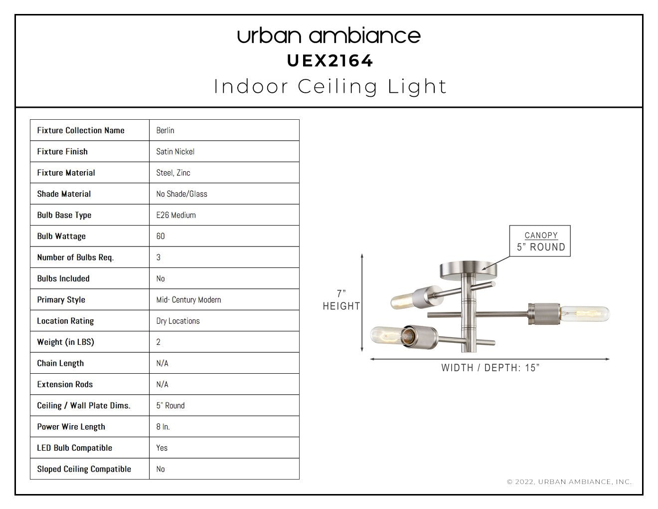 UEX2164 Mid-Century Modern Ceiling Light 7''H x 15''W, Satin Nickel Finish, Berlin Collection