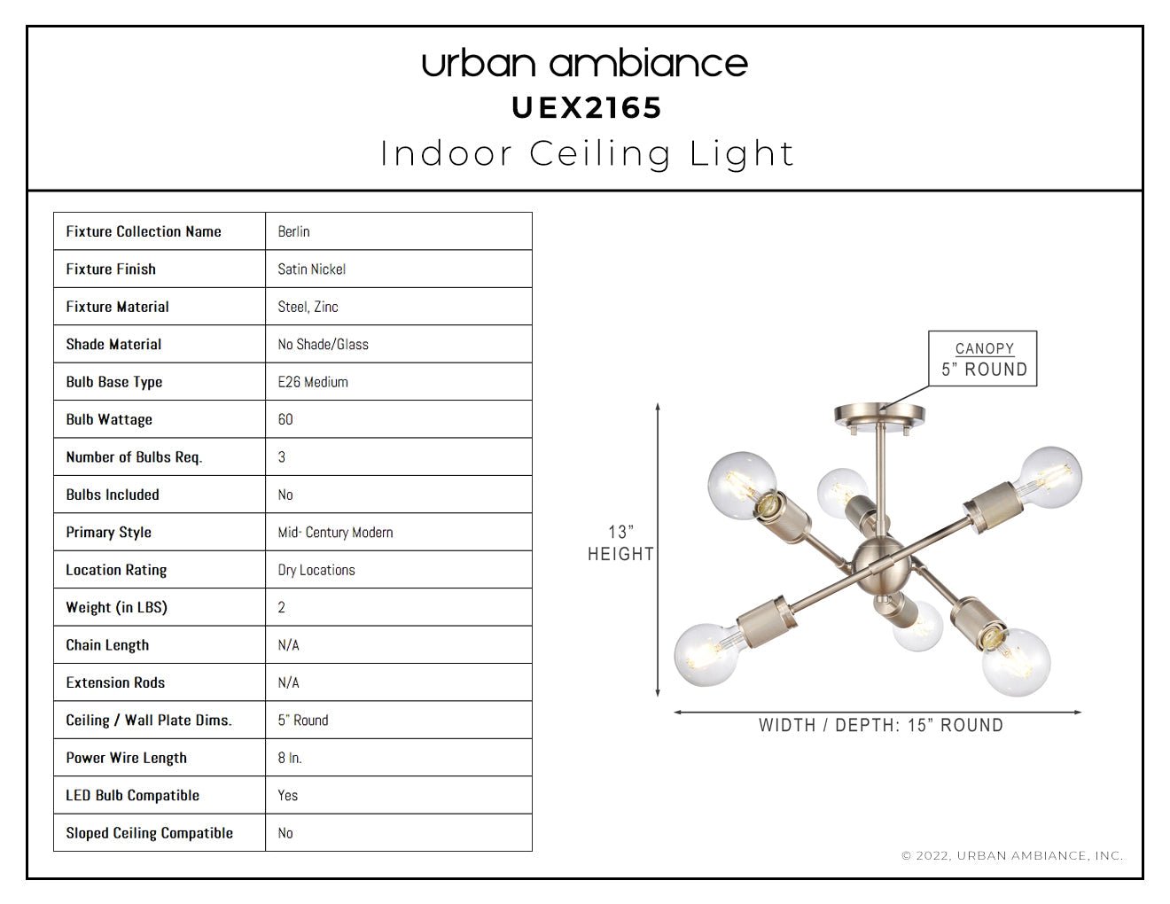 UEX2165 Mid-Century Modern Ceiling Light 13''H x 15''W, Satin Nickel Finish, Berlin Collection