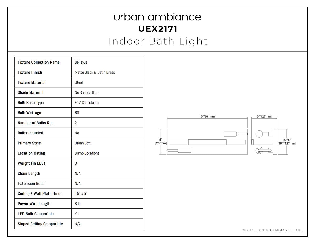 UEX2171 Luxe Industrial Bath Light 5''H x 15''W, Matte Black & Satin Brass Finish, Bellevue Collection